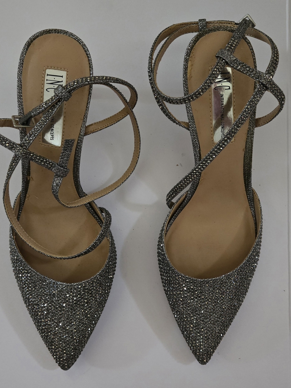 INC International Concepts Sparkling Silver Strappy Pointed-Toe Heels Size 9M